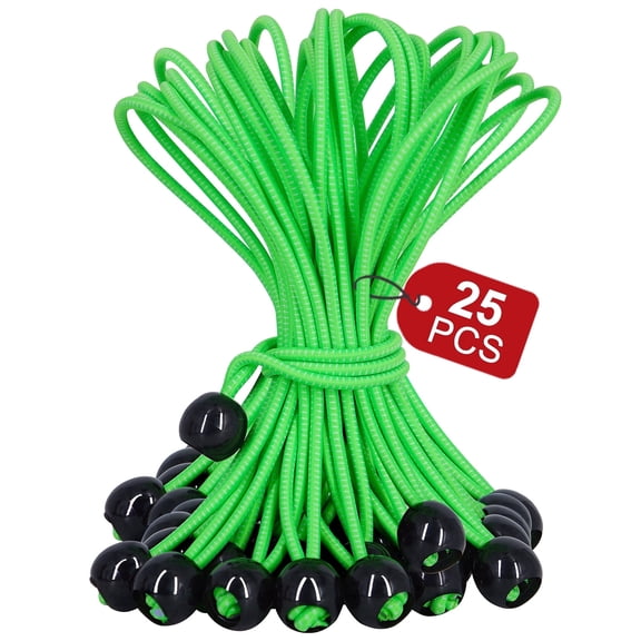 YOLETO 25 Pack Ball Bungee Cord,6 Inch Heavy Duty Outdoor Bungee Cords, Tarp Tie-Down for Camping, Shelter ,Cargo,Tent Poles UV Resistant(Green)