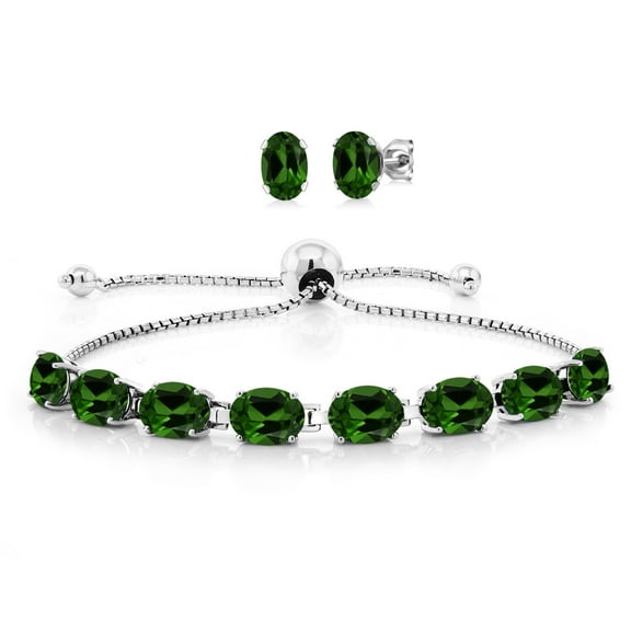 Gem Stone King 925 Sterling Silver Green Chrome Diopside Bracelet and Earrings Jewelry Set for Women (7.00 Cttw, Gemstone, Oval 7X5MM, Fully Adjustable up to 9 inch)