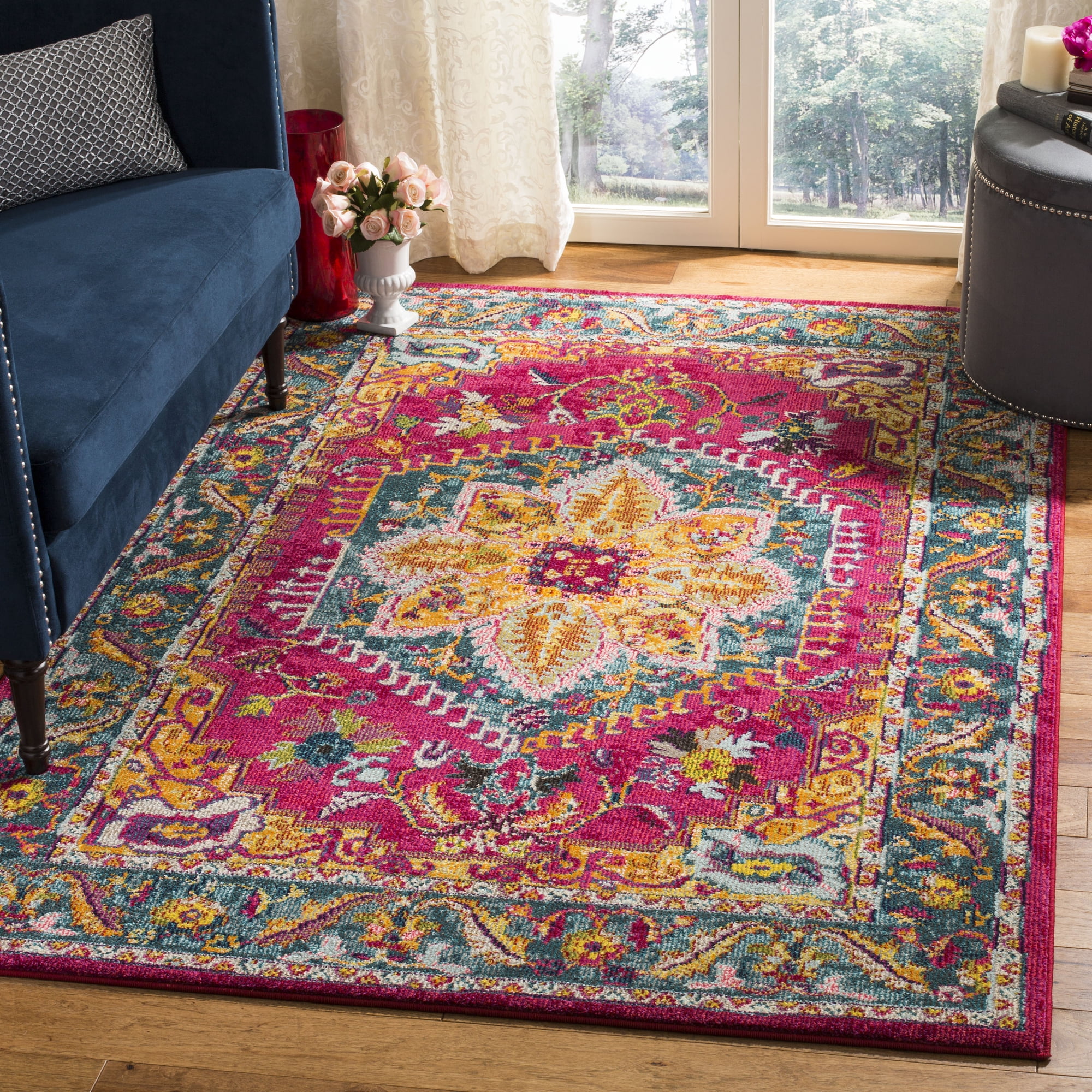 SAFAVIEH Phoenix Brooklyn Border Area Rug, Fuchsia/Blue, 5'1" x 7'6"