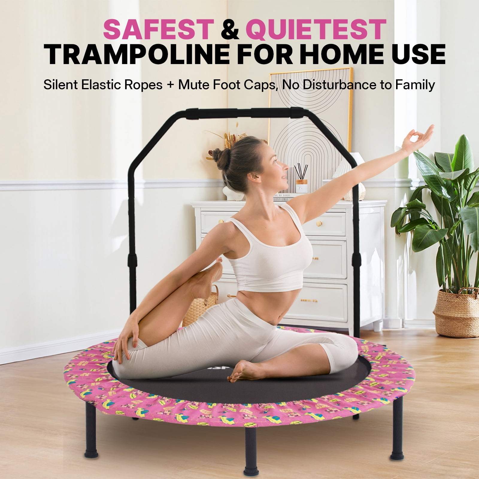 36 Inch Fitness Trampoline with HA-Type Handlebar – Quiet Mini Trampoline with Silent Elastic Ropes, 10-Minute Fat Burning Cardio Workout at Home, Easy Assembly, Pink