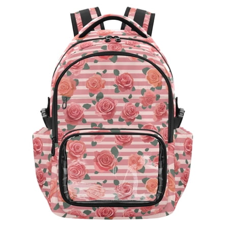 PVC Casual Backpack 25L Daypack with Laptop Compartment Lightweight Travel Backpack for Work Outdoor Activities Roses and Stripes Pattern