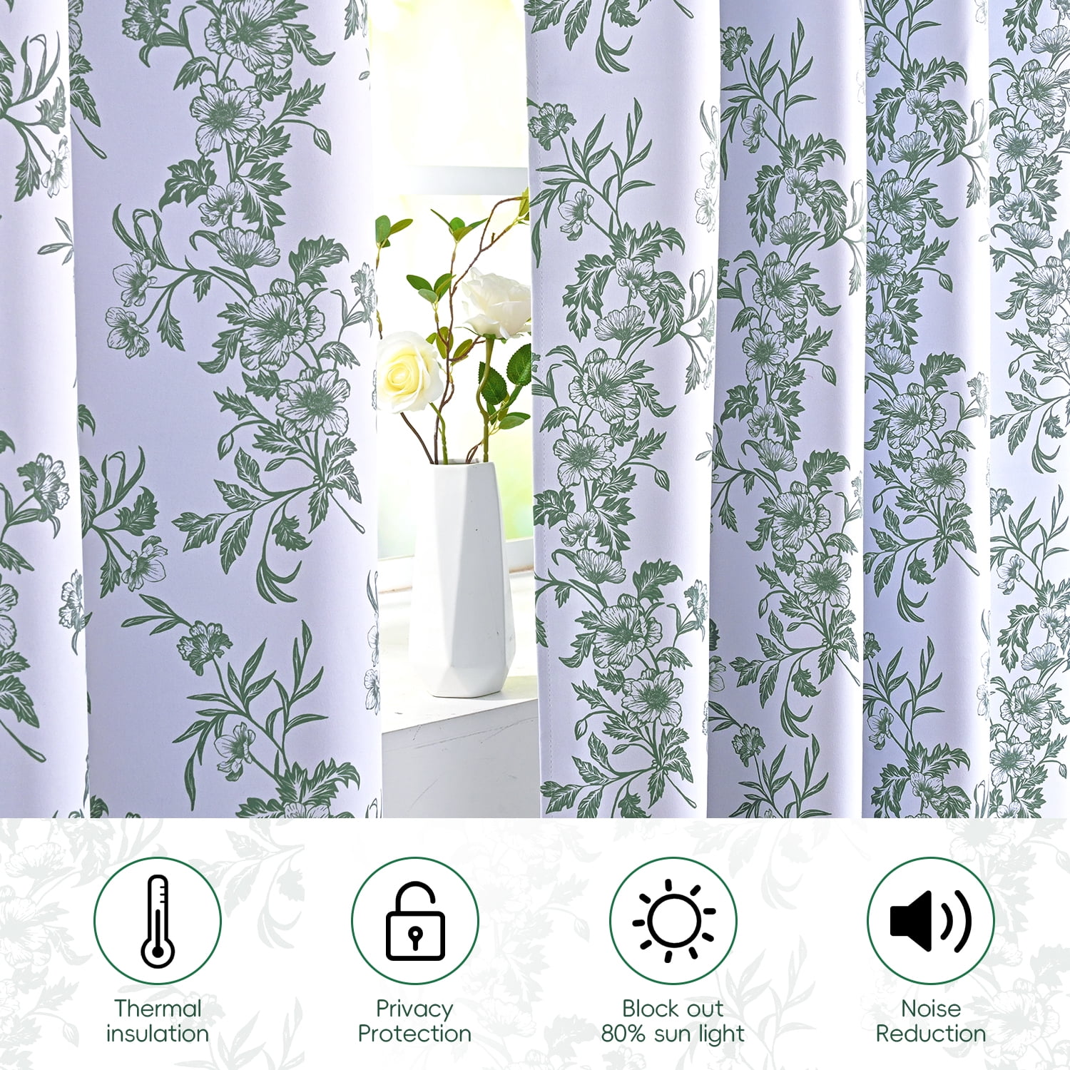 Alishomtll Floral Curtains Blackout Thermal Insulated Room Darkening Window Drapes for Living Room,Sage Green ,52"x63", 2 Panels