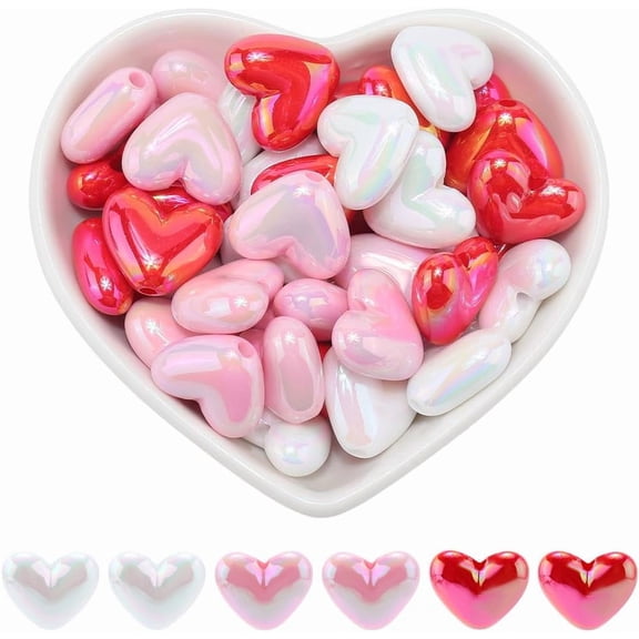 1 Box 60Pcs 3 Colors AB Heart Beads Valentine's Day Beads Large Acrylic Love Mother's Day Holiday Focal Pink Heart Beads for Crafts Bracelet Necklace Earrings Pen Hairband DIY Jewelry Making DIY
