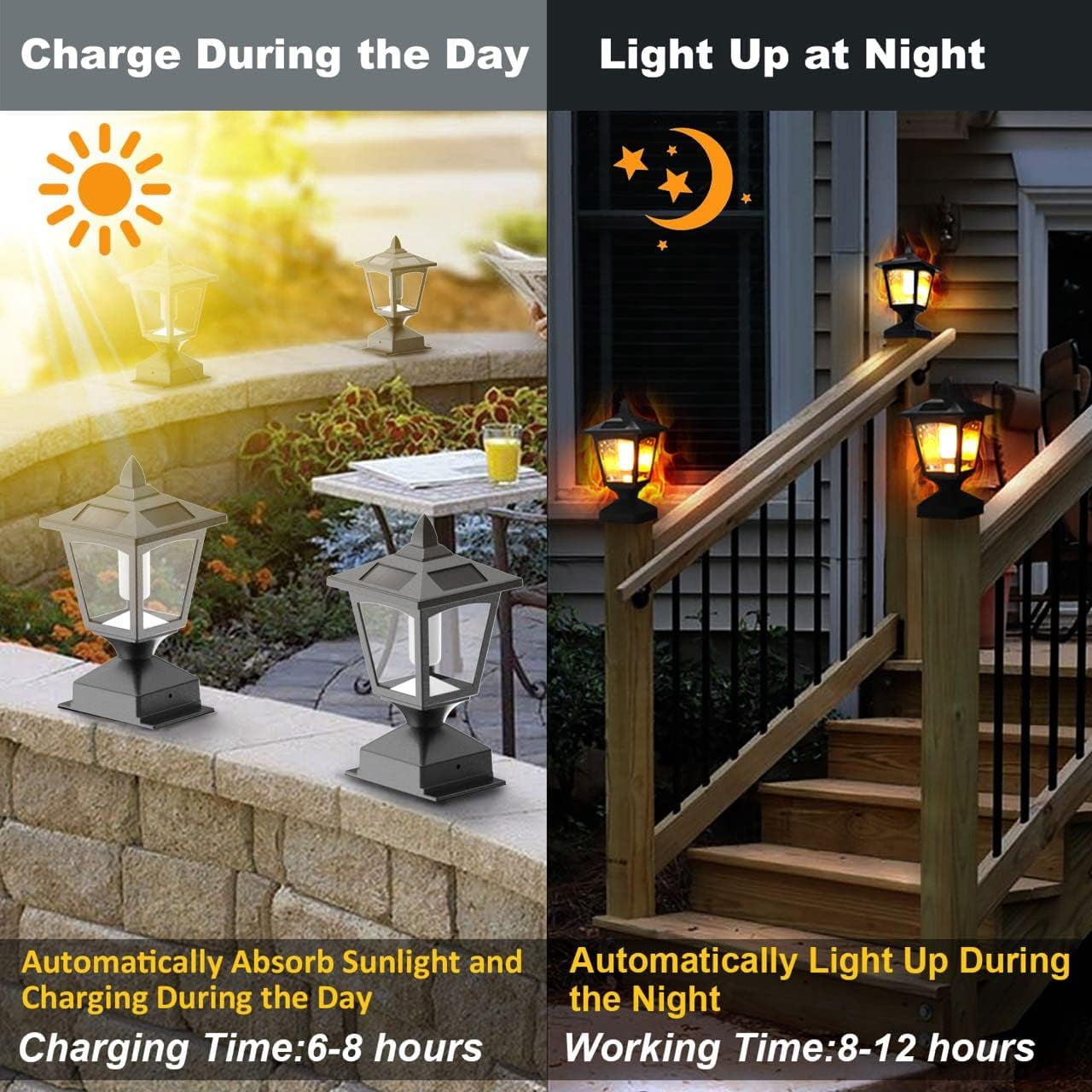 Solar Post Cap Lights for 4x4 Wood Fence, Flickering Flame LED, Waterproof Outdoor Deck & Garden Lighting, 4 Pack, Auto On/Off, Black