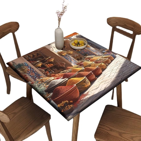 Elastic Table Cloth Indoor, Saffron Spice Bazaar Pattern Printed on Oilproof Fitted Card Table Cover, Use for Apartment Balcony Small Space, Fit for 36" x 36" Square Tables