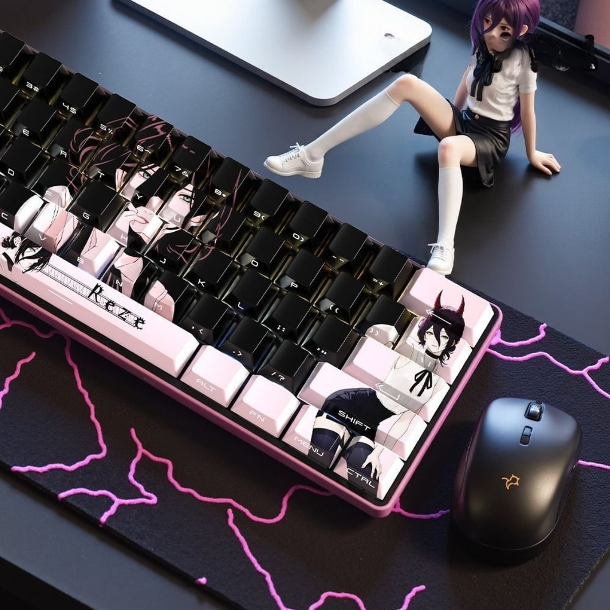 REZE Pink OEM Profile Side-Printed Translucent Keycaps, 74-Key (Fits 61/68 Layout) & 129-Key Set, Compatible with Mad Catz MAD68