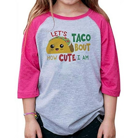 

7 ate 9 Apparel Kids Funny Taco Bout How Cute I Am Cinco De Mayo Pink Baseball Tee
