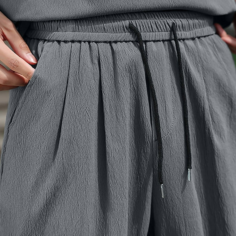 JUUYY Men's Linen Cropped Trousers Hippie Harem Pants 3/4 Length