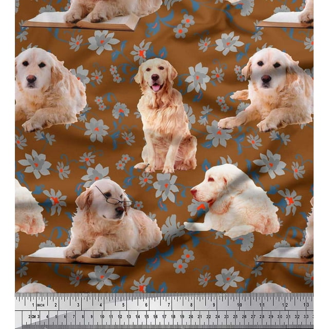 Soimoi Satin Silk Fabric Floral,Book & Golden Retriever Dog Print Fabric by Yard 42 Inch Wide