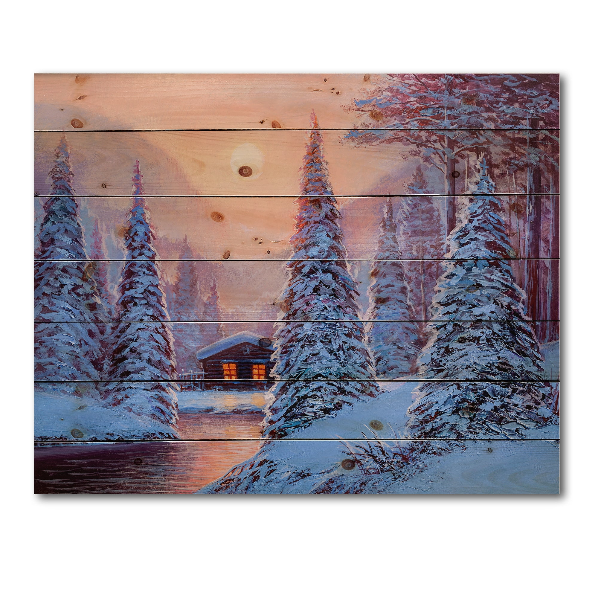 Designart 'The River House In The Woods and Winter Landscape I' Lake House Print on Natural Pine Wood