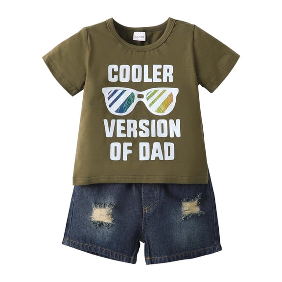 KIMI BEAR 6 Months Newborn Baby Boys Summer Outfit Set 12 Months Child Boy Clothes Short Sleeves Letter Print Pullover T-shirt Top Ripped Denim Shorts Sets 2pcs Clothing Green