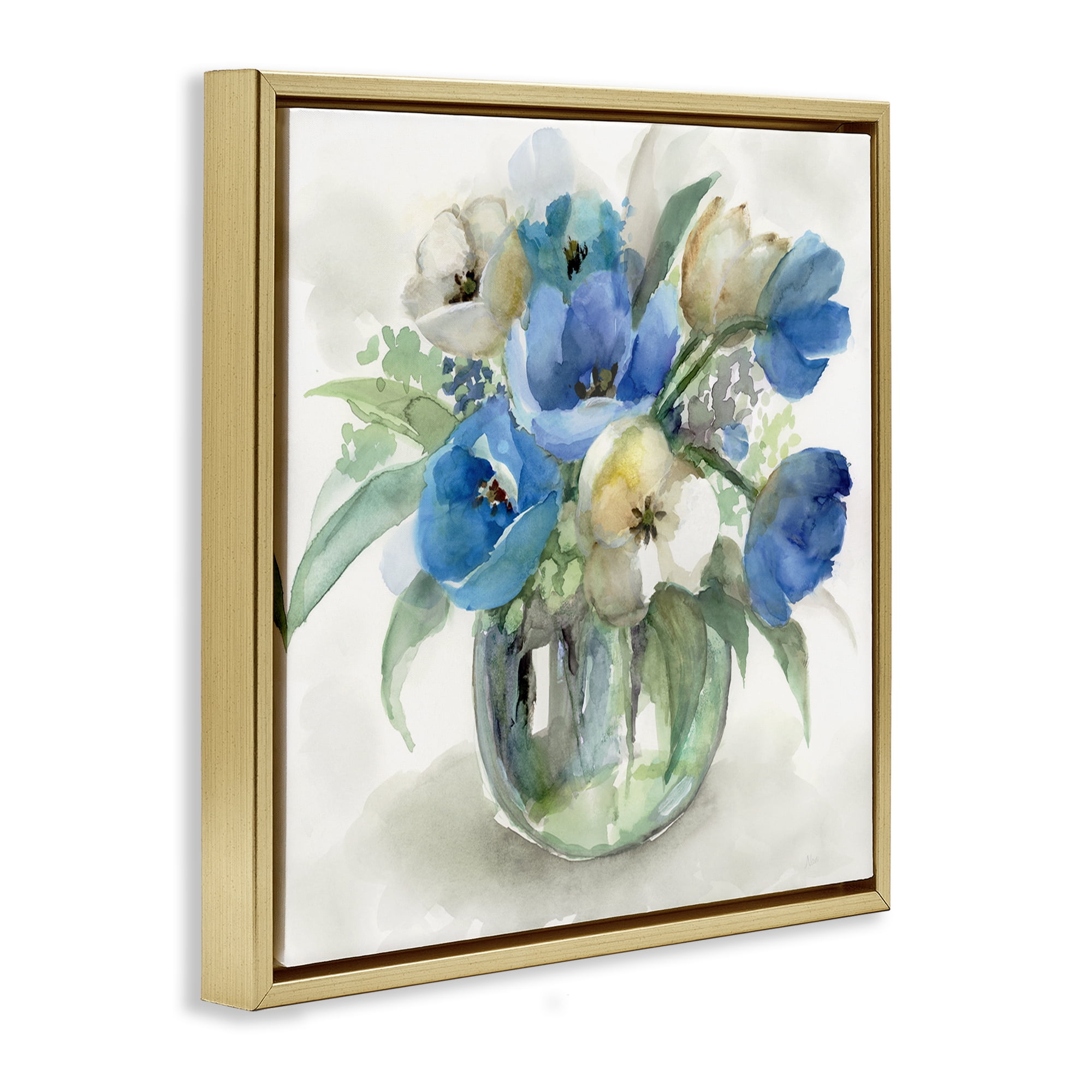 Stupell Industries Blue Tulip Watercolor Bouquet Gold Framed Floater Canvas Wall Art, design by Nan