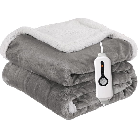 Electric Heated Blanket Twin Size 62"x84" - Dual-Sided with Microplush & Sherpa Fabric, 4 Heat Settings & 10 Hours Auto Off, Machine Washable - Light Gray