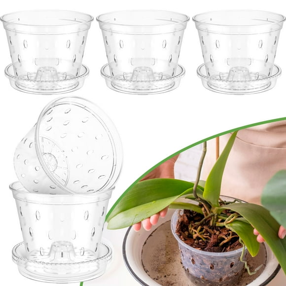 5Pcs Orchid Pot for Repotting 4/5/6 Inch Transparent Slotted Orchid Pots with Holes and Saucers Sturdy Plastic Orchid Pot Breathable Flower Plant Pot Clear Nursery Pots for Orchids