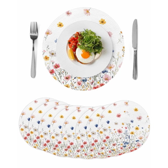 Round Woven Placemats set of 8, Multicolor Watercolor Floral Washable&Heat Resistant Plastic Wipeable Placemats for Round Table Spring Pastel Wildflowers Kitchen Dining Table Decor, 15in, White
