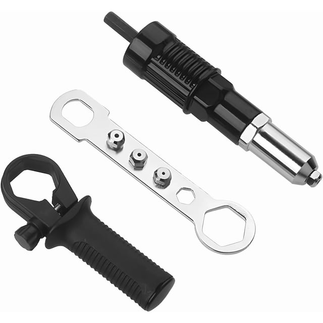 Car Rivet Gun Adapter, Alloy Steel Riveter Adapter Kit with Handle Grip & 4 Head for Cordless Electric Power Drill, Pop Riveting Nut Tool Drill Attachment, Universal Fit -