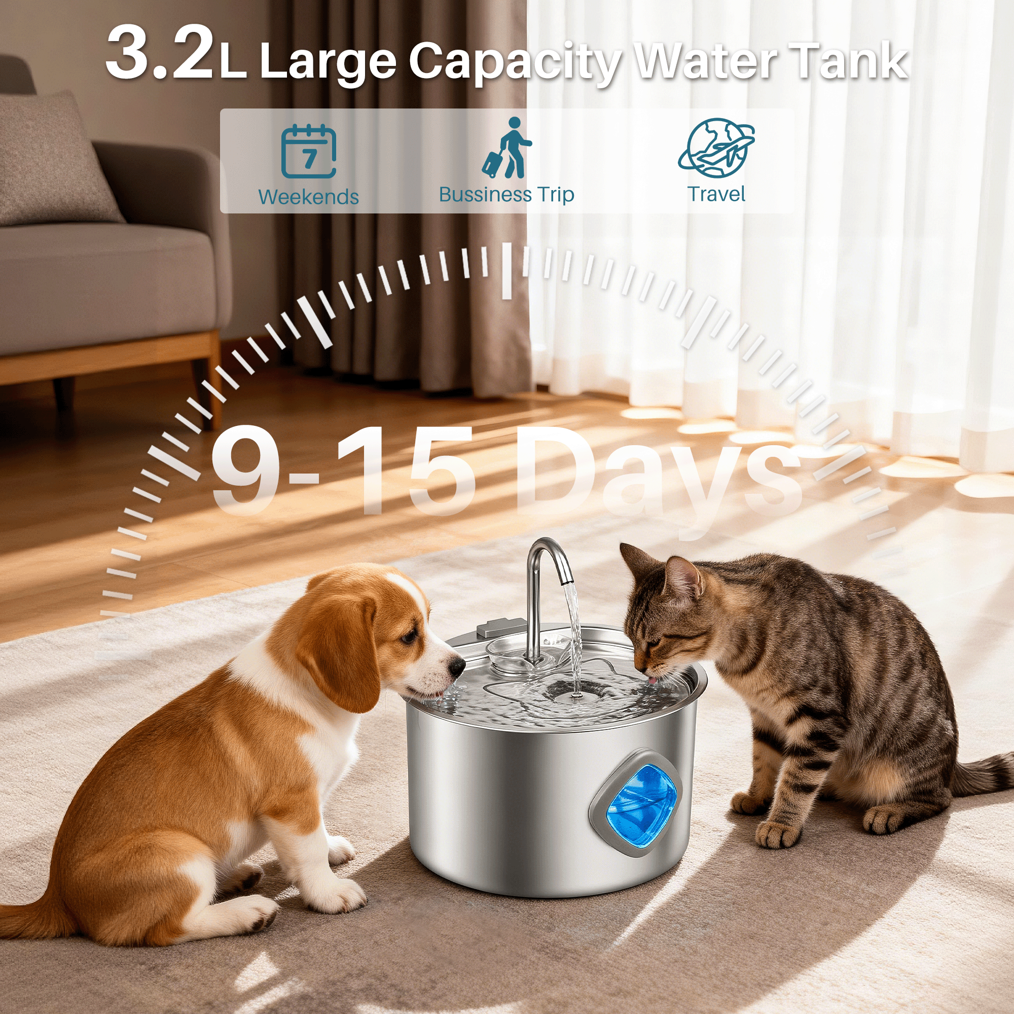 NIGHTEEN Water Fountain, 3.2L/108oz Automatic Pet Water Fountain Stainless Steel for Cats Dogs with Replacement Filters
