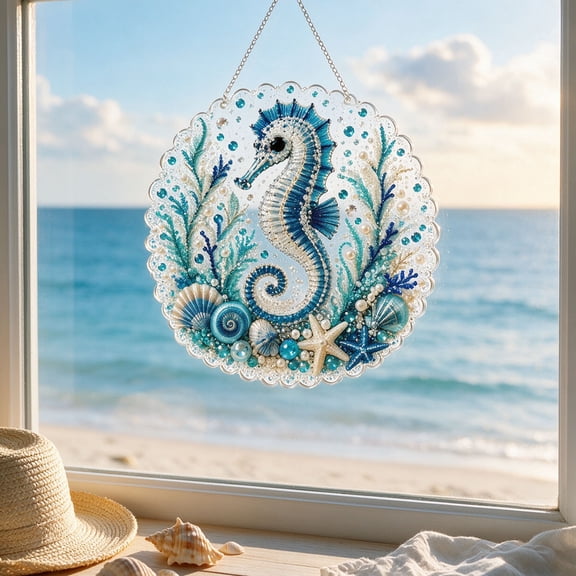 Ocean Pearl Art DIY Hanging Ornament, 7.9 Inch Ocean Diamond Art Suncatchers for Adults, Ocean Diamond Art Hanging Ornament, Coastal Window Hanging Decor Gift for Craft Lovers