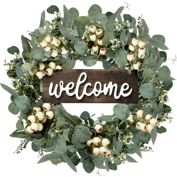 Green Artificial Eucalyptus Wreath with Welcome Sign – 20 inch Spring Summer Wreath with White Berries for Front Door, Wall, Window, Porch, Farmhouse, Patio, Garden Decor