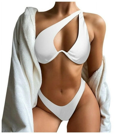 Women Swimsuits Bikini Set Solid V Neck Knot Front Push Up High Leg Thong Two Piece White Womens Bathing Suits L