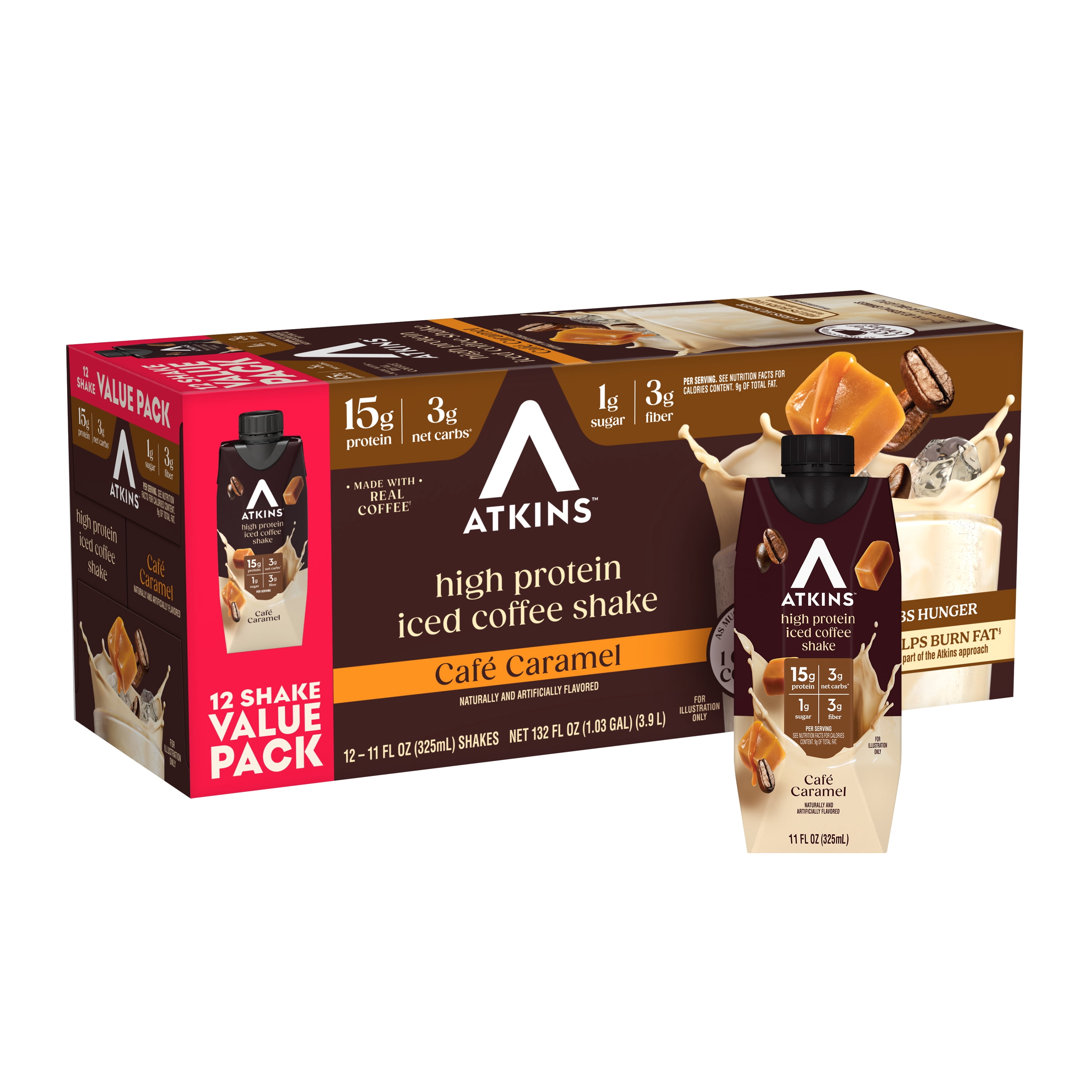 Atkins Café Caramel Iced Coffee Flavor High Protein Shake, 15g of Protein, 1g Sugar, Low Carb and Low Sugar Protein Shakes, Keto Friendly, 12 Count