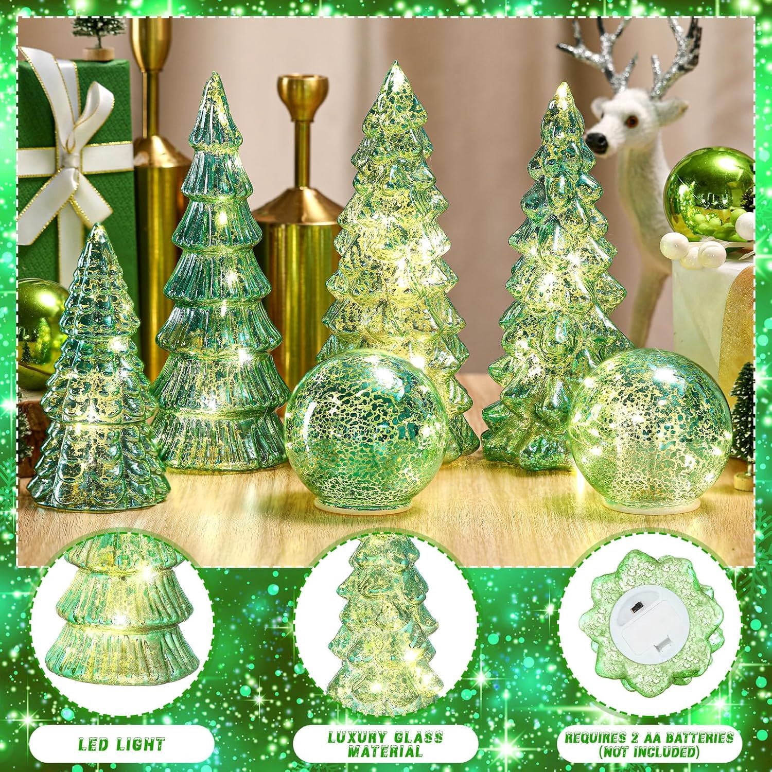 6 Pcs Mercury Glass Christmas Tree for Tabletop Light up Figurine Christmas Tree Mercury Cracked Glass Globe with Light for Xmas Decor Home Party Centerpiece Mantel Gift