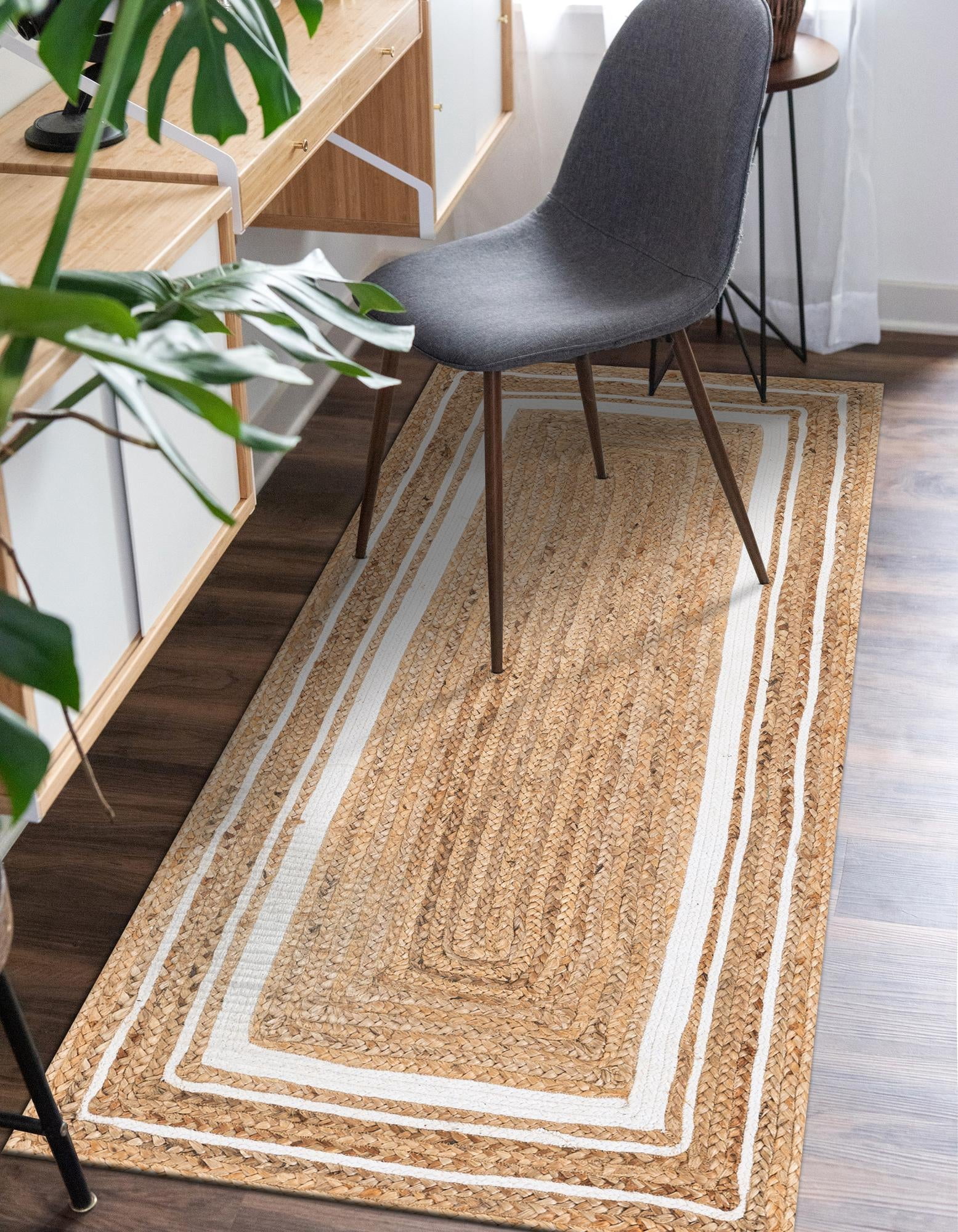 Unique Loom Braided Jute Collection Area Rug - Gujarat (2' 6" x 6' 1" Runner Natural and White/Ivory)
