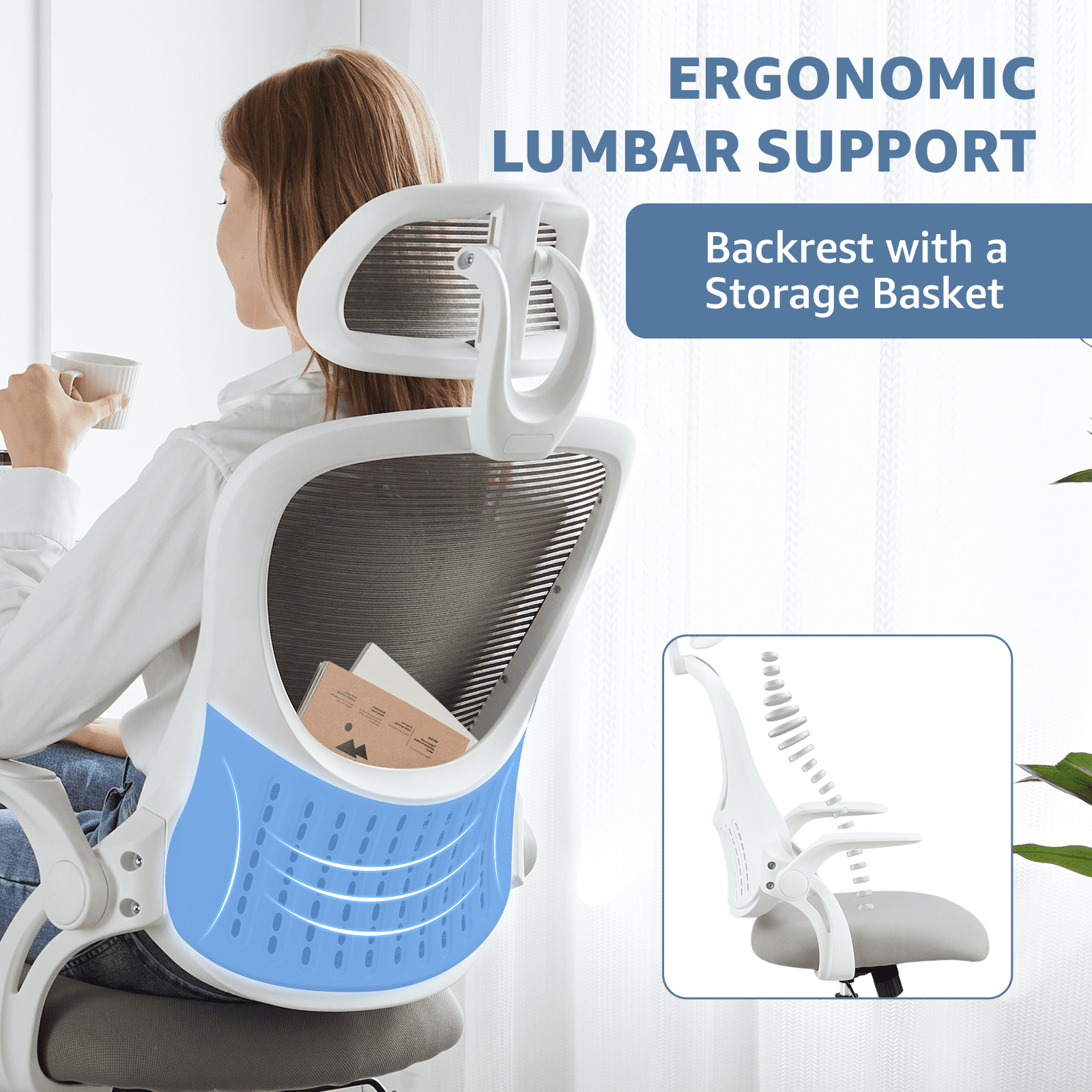 MAYEERTY Ergonomic Office Chair with Headrest, Adjustable Task Chair with Flip-Up Armrests