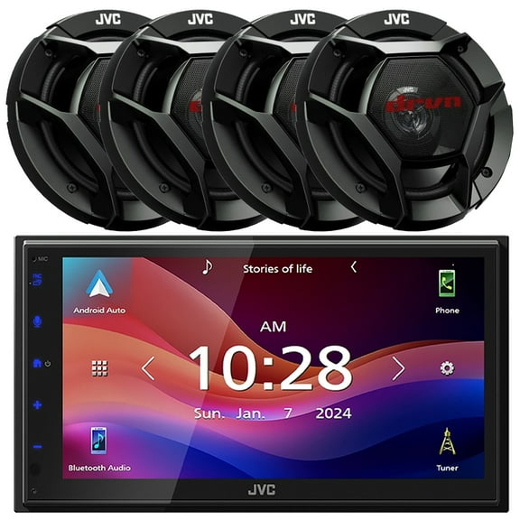 JVC KW-M695BW 6.8" WSVGA LCD Display Single-DIN Bluetooth USB/MP3 Digital Media Shallow Chassis Multimedia SiriusXM Ready Receiver, 4x 6.5" 300 Watts Peak Power 2-Way Coaxial Car Audio Speakers