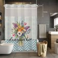 thumbnail image 5 of Purple Orange Flower No Hooks Shower Curtain with Snap-in Liner Tulips Love Grow Here Vintage Blue Striped Shower Curtains for Bathroom, Waterproof, Easy Install, Washable 72"x96", 5 of 9