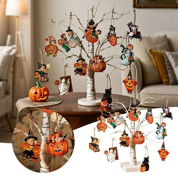 12 Pcs Vintage Halloween Wooden Ornaments,Pumpkin Witch Ghost Black Cat Wood Cutout, Retro Halloween Decorations, For Tree Home Mantel Wreath Party Decor