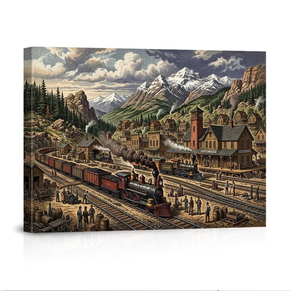 Vintage Railroad Town Mountain Train Old West Steam Locomotive Rustic American History Canvas