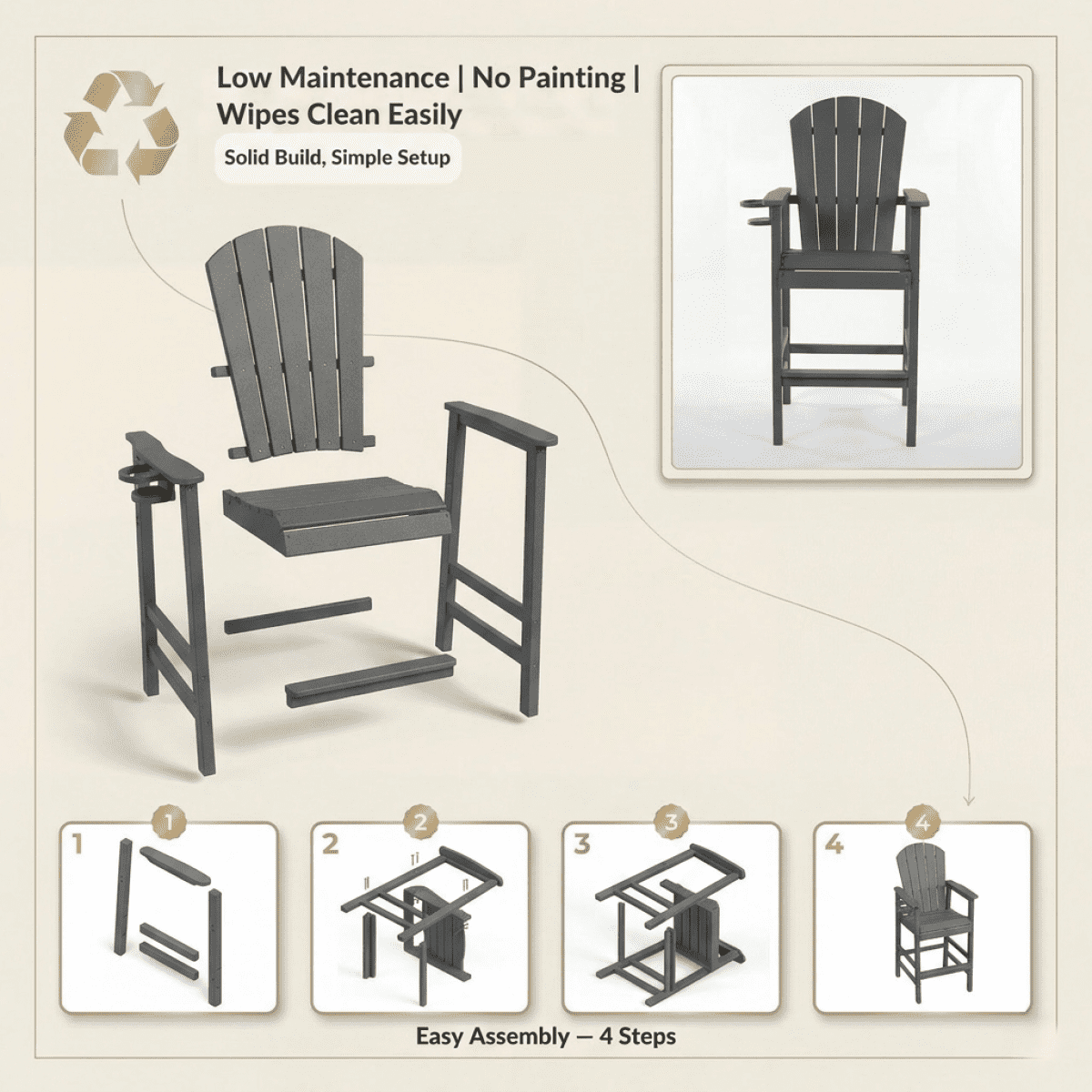 HDPE Bar Height Adirondack Chair All-Weather Outdoor Patio Chair with Cup Holder (Gray)