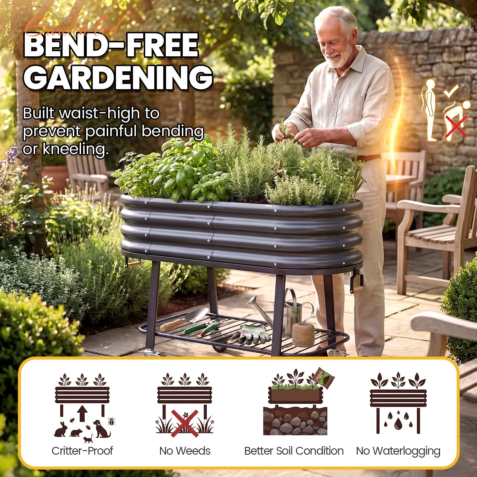 King Bird Galvanized Steel Metal Raised Garden Bed Kit with Storage Shelf & Wheels 47"x23"x30" Metal Planter Box, Elevated Garden Bed  Outdoor for Vegetables Flowers Dark Gray