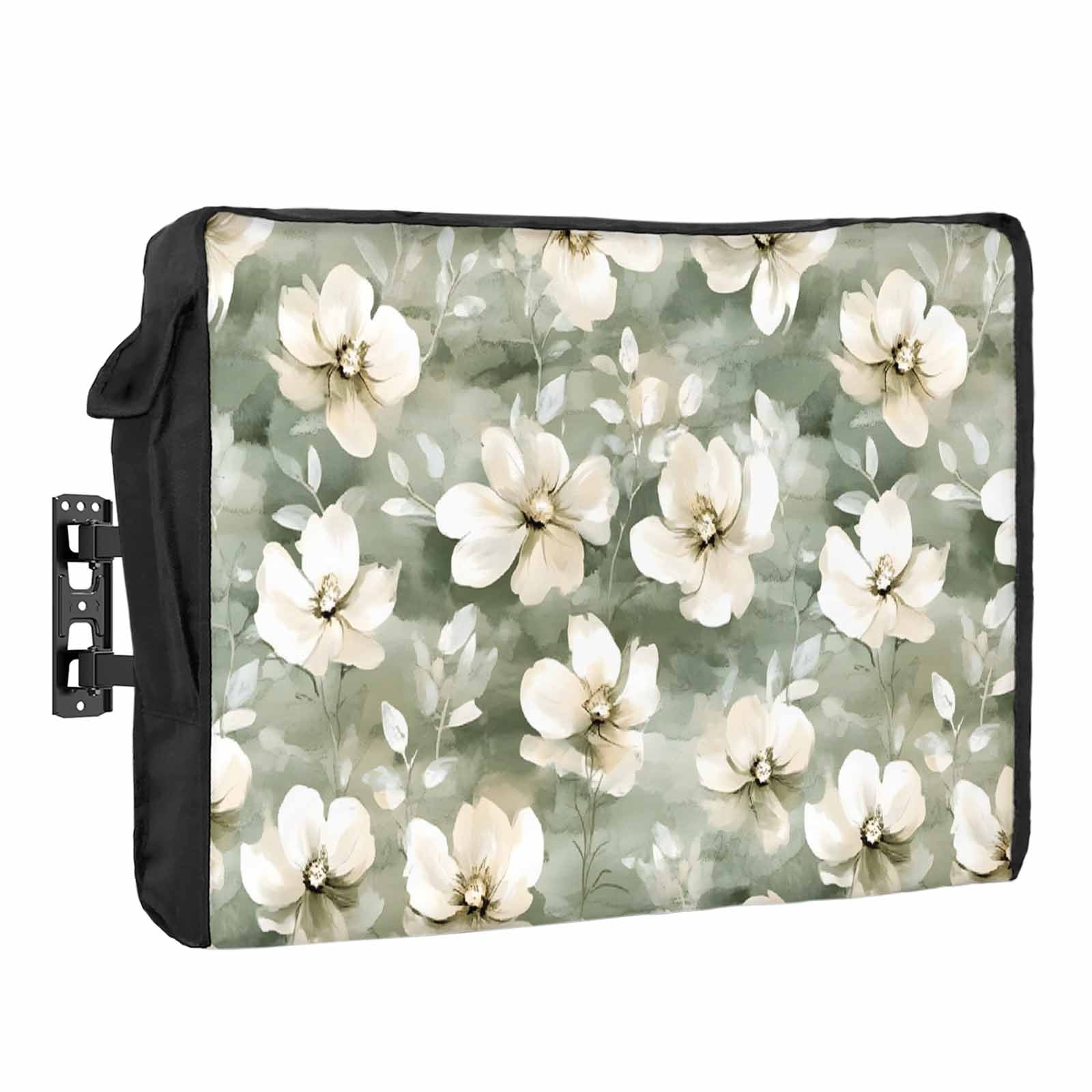 Vintage Magnolia Outdoor TV Cover 60 to 65 inch Weatherproof Waterproof, White Blooming Floral Green Oil Painting TV Enclosures with Remote Control Pocket Flat Screen Protector for Outside