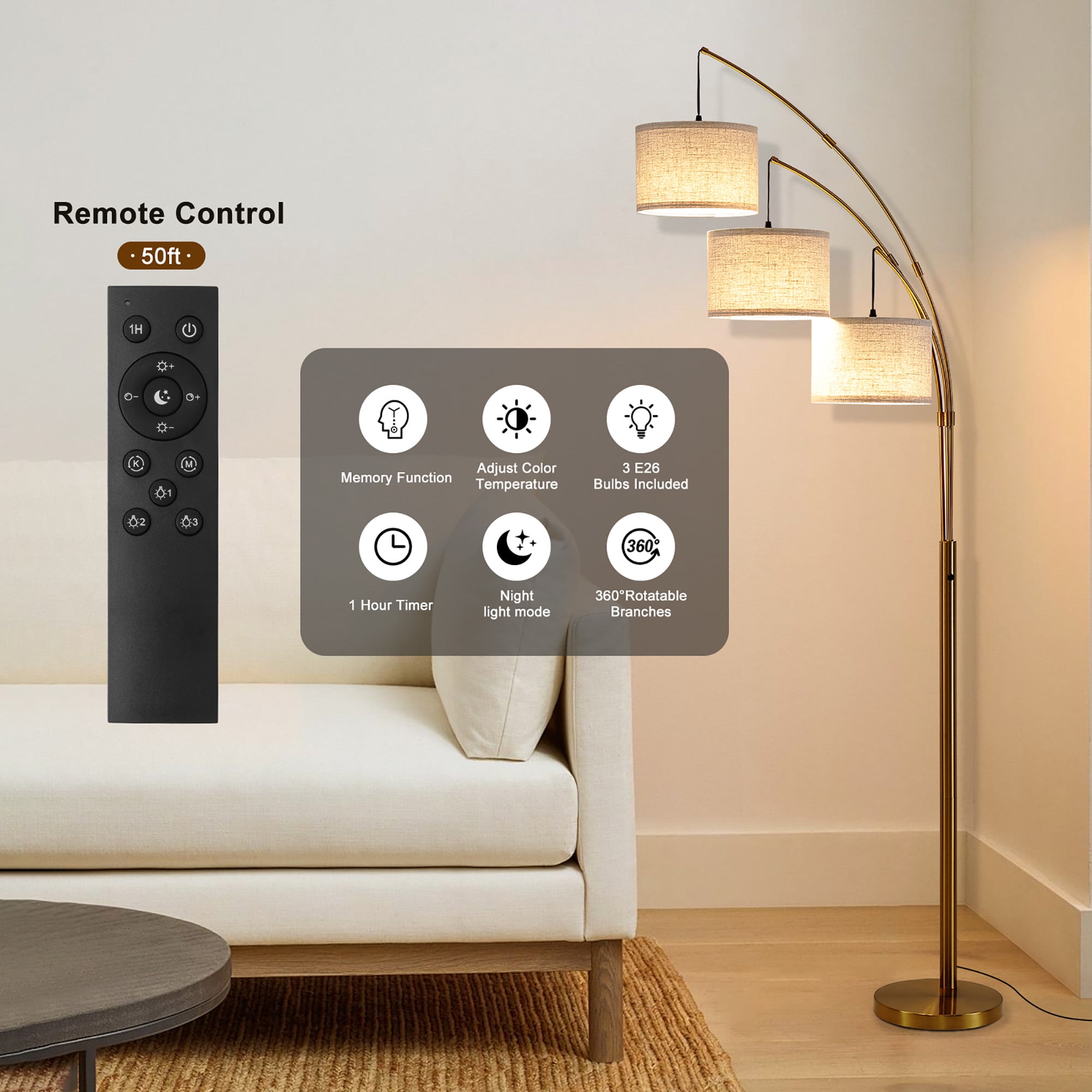 80 Inch 3 Lights Arc Floor Lamps, Dimmable Floor Lamps for Living Room, 3 Color Temperature, Modern Tall Standing Lamp with Remote Control, Tree Floor Lamp for Bedroom Office