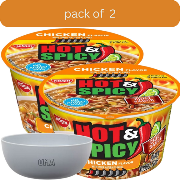 Nissin Hot and Spicy Chicken Bowl, 2 Pack (3.32 oz., 12 pk.) with bowl by OMA
