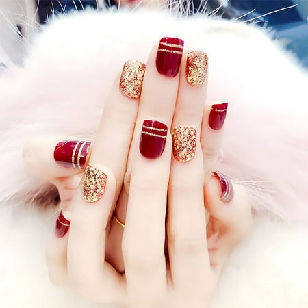 24pcs Short Wine Red Nail Art Short False Nails With Golden Glitter Champagne Wedding Nail Tip Full Nail Walmart Canada
