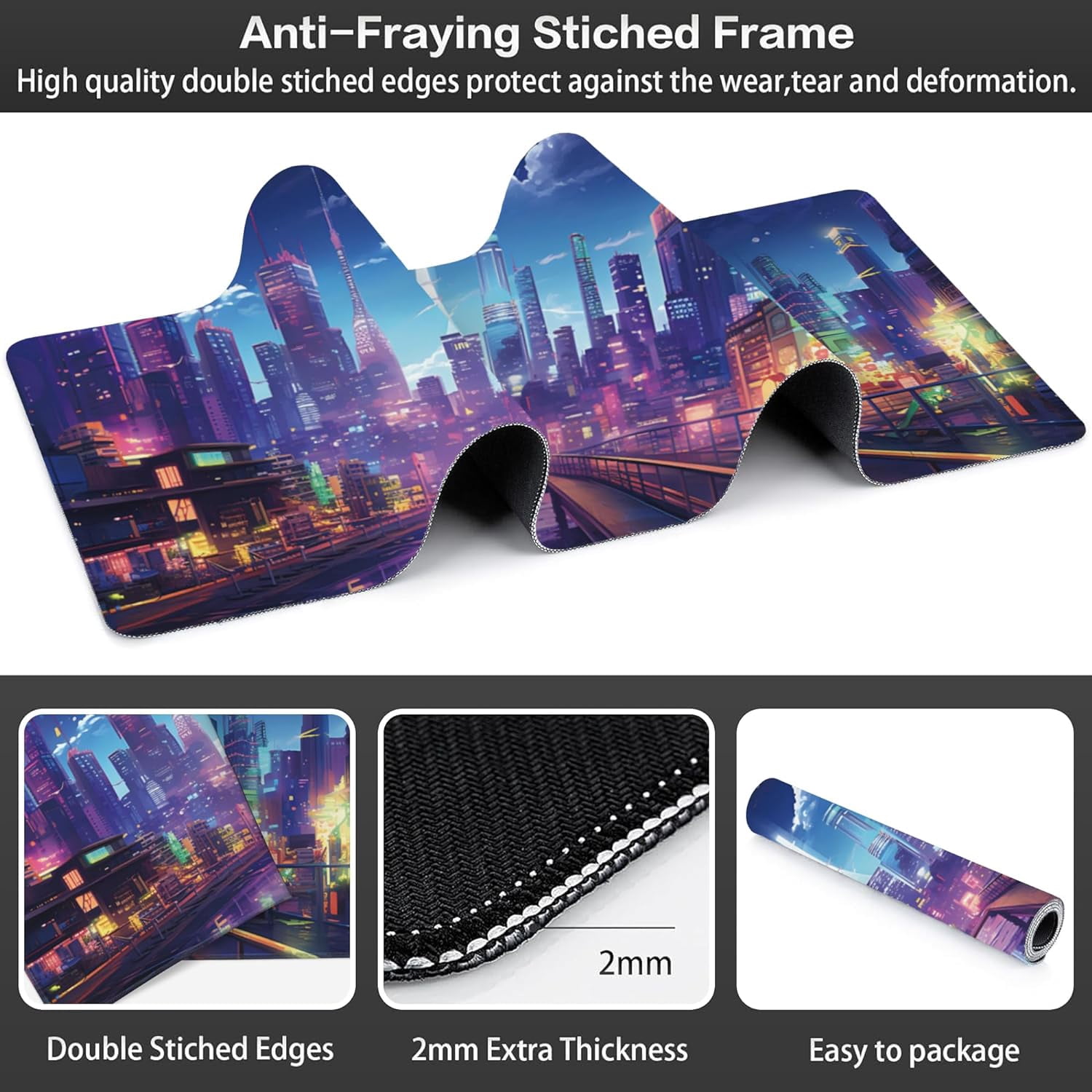 Extended Large Gaming Mouse Pad, Cyberpunk Streets Large Desk Mat for Desktop XXL, Non-Slip Rubber Base Stitched Edges Long Computer Keyboard Desk Pad Mouse Mat for Gaming Home Office 35.4"X15.7"