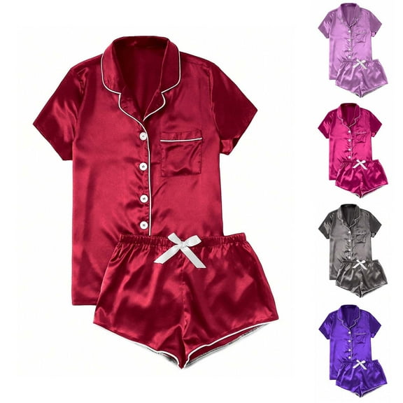 Wlynlyn Pajama Sets Womens 2 Piece Satin Pjs Outfits Short Sleeve Button down Blouses Baggy Pants Homewear Sleepwear