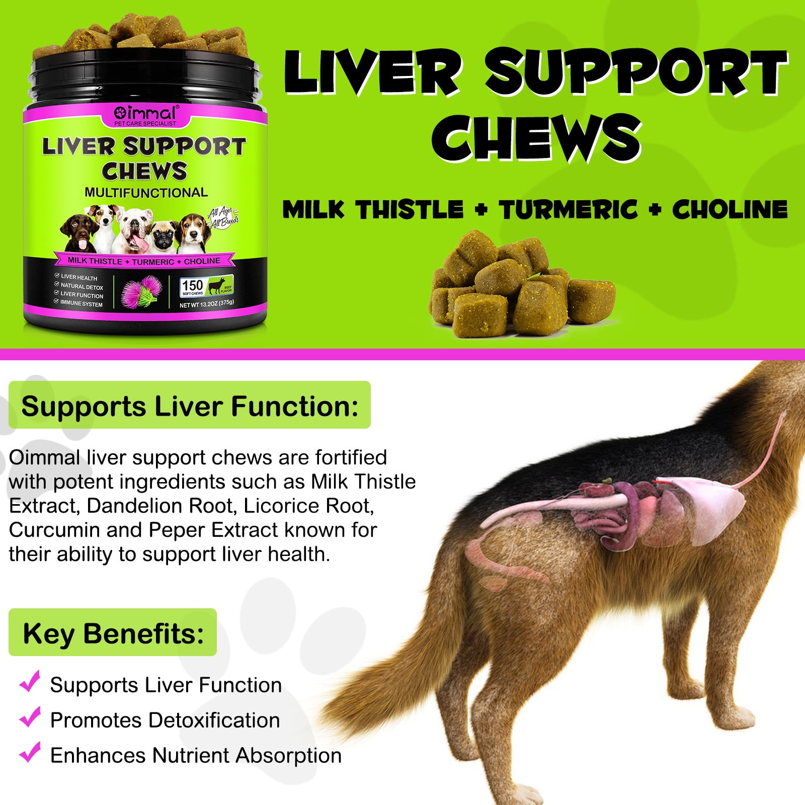 Oimmal Liver Supplement for Dog , 300 Chews - Liver Support for Dogs, with Milk Thistle Extract, Turmeric Curcumin, Choline for Dog Liver Function -Beef Flavor