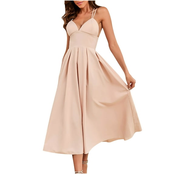 Womens Casual Sleeveless Backless Solid Color V Neck Dress Sexy Summer Boho Floral Formal Sundresses Wedding Guest Prom Bodycon Cocktail Dresses A68-3821