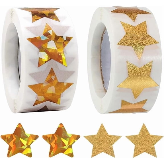 2 Reel 1000 Pcs Gold Star Stickers, 2.5 cm Large Holographic Adhesive Label Reward Stickers, Self Adhesive Stickers