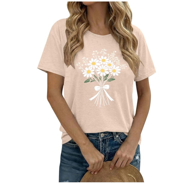 Camiseta de Manga Corta de Verano para Mujeres con Estampado Floral de Moda con Cuello Redondo Y Mangas Cortas, Camisetas de Manga Corta de Mujer