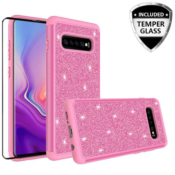 YSIMEE Compatible with Case Samsung Galaxy S10 Silicone Rubber Soft Frame Ultra Slim Gel TPU Bumper Shock Absorption Girls Women Shockproof Protector with Bling Glitter Sparkle Hard Back Covers,Gold 