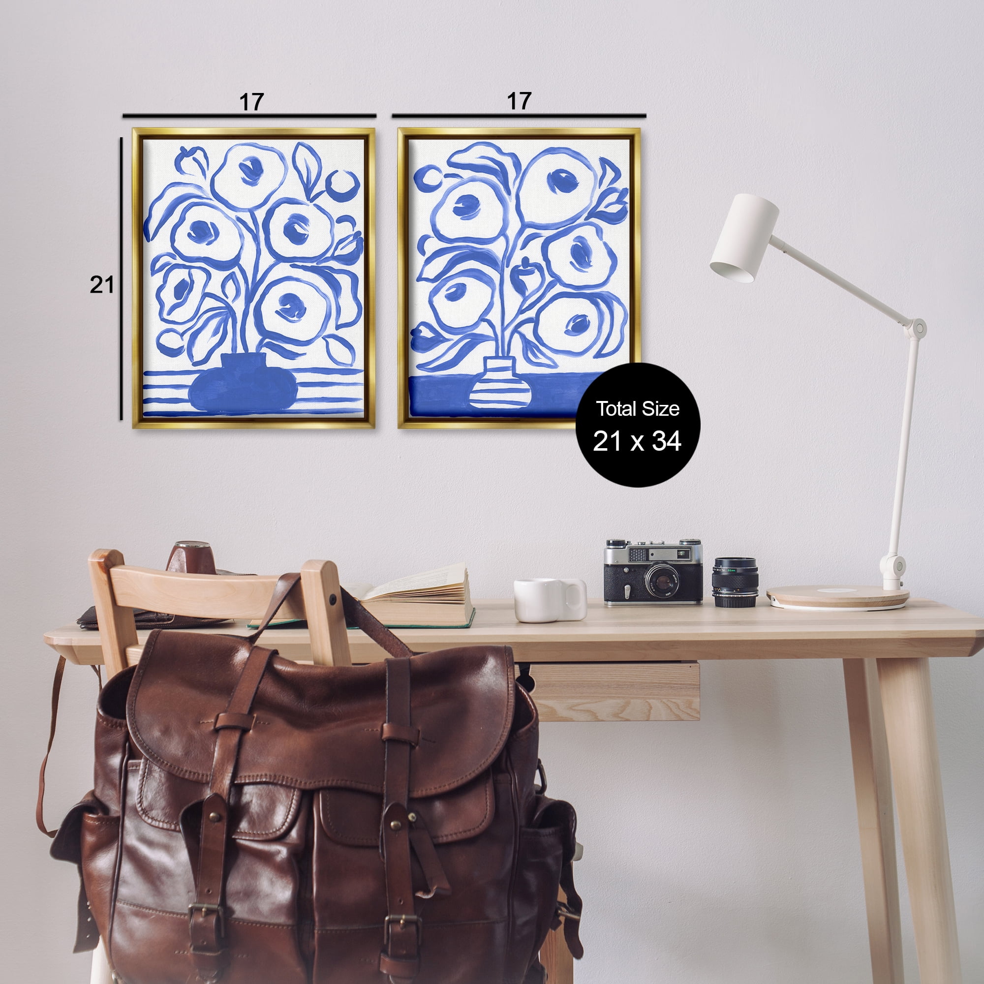 Stupell Industries Modern Blue Floral Vase Plants & Flowers Painting Gold Floater Framed Canvas Art Print Wall Art, 17 x 21, Set of 2