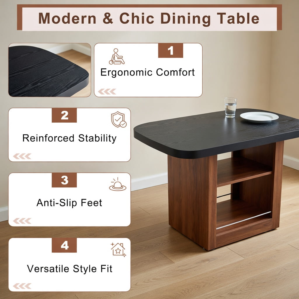Hommoo Expandable Dining Table with Storage, 59-71" Rectangular Pull-Out Table for 4-8 People, MDF + Metal Frame, Modern Space-Saving Kitchen/Dining Room Furniture, Black & Walnut