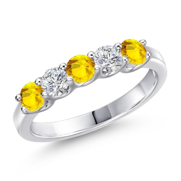 Gem Stone King 925 Sterling Silver Yellow Sapphire and Lab Grown Diamond Wedding-Bands Ring for Women | 0.82 Cttw | Round 3.5MM | Gemstone September Birthstone | Size 9