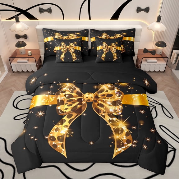 Castle Fairy Kids Teens Adults Old Fashion Cheetah Print Bow Twin Bedding Sets 7-Piece,Cartoon Bow Knot Bedding Comforter Set Microfiber,Bling Glitter Breathable Sheet Sets,Luxury Bedroom Decor