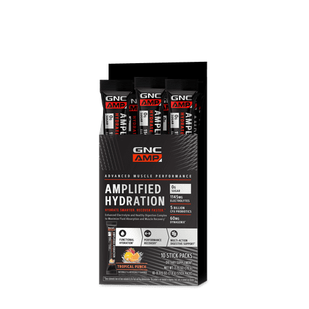 GNC AMP Amplified Hydration Electrolyte Powder Drink Mix | Enhanced Electrolyte & Healthy Digestion Complex | Tropical Punch | 10 Count